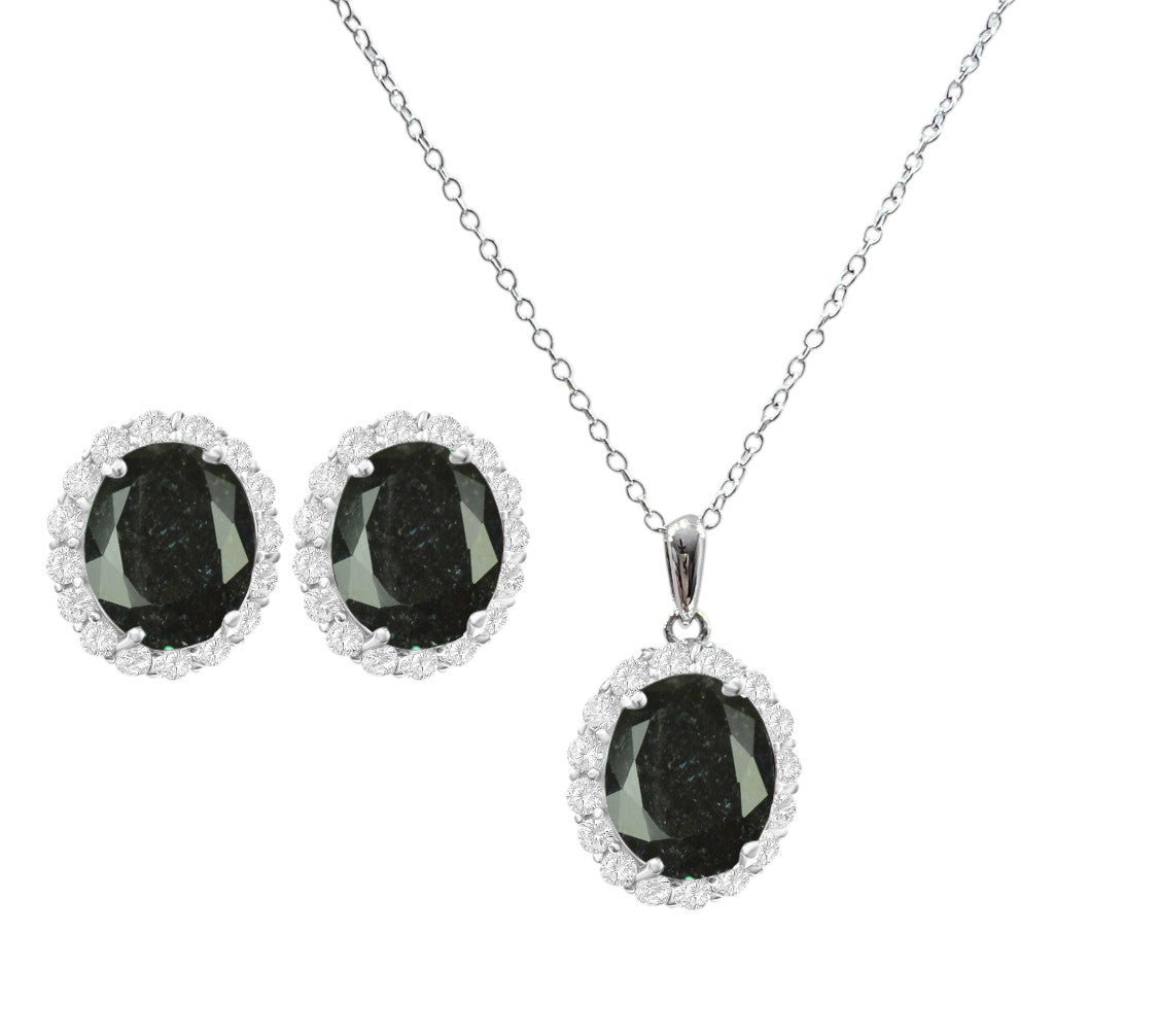 925 Sterling Silver Oval Cut Black Ice Necklace & Earrings Set