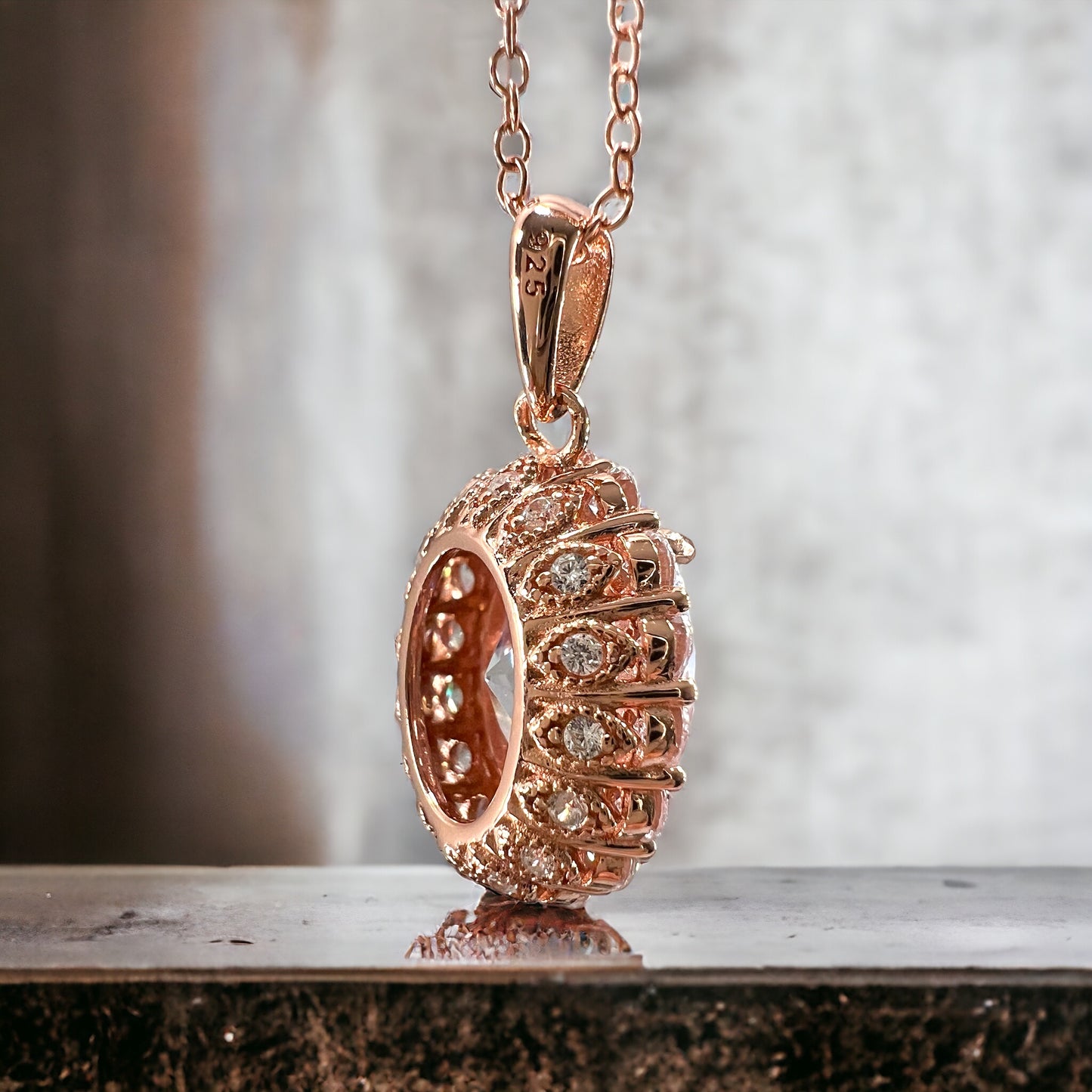 925 Sterling Silver Oval Cut Diamond CZ Halo Pendant Necklace - Rose Gold