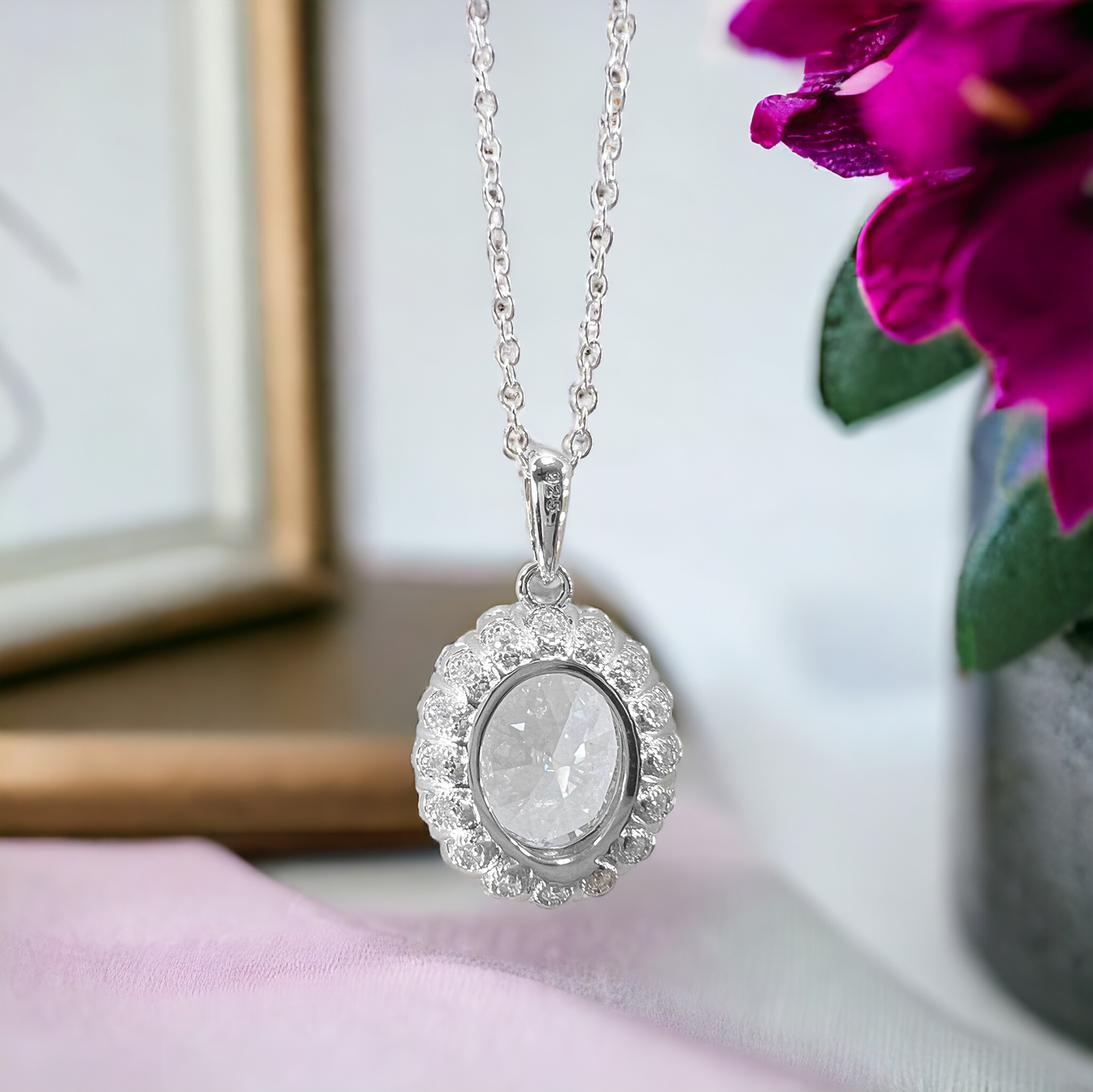 925 Sterling Silver Oval Cut Diamond CZ Halo Pendant Necklace