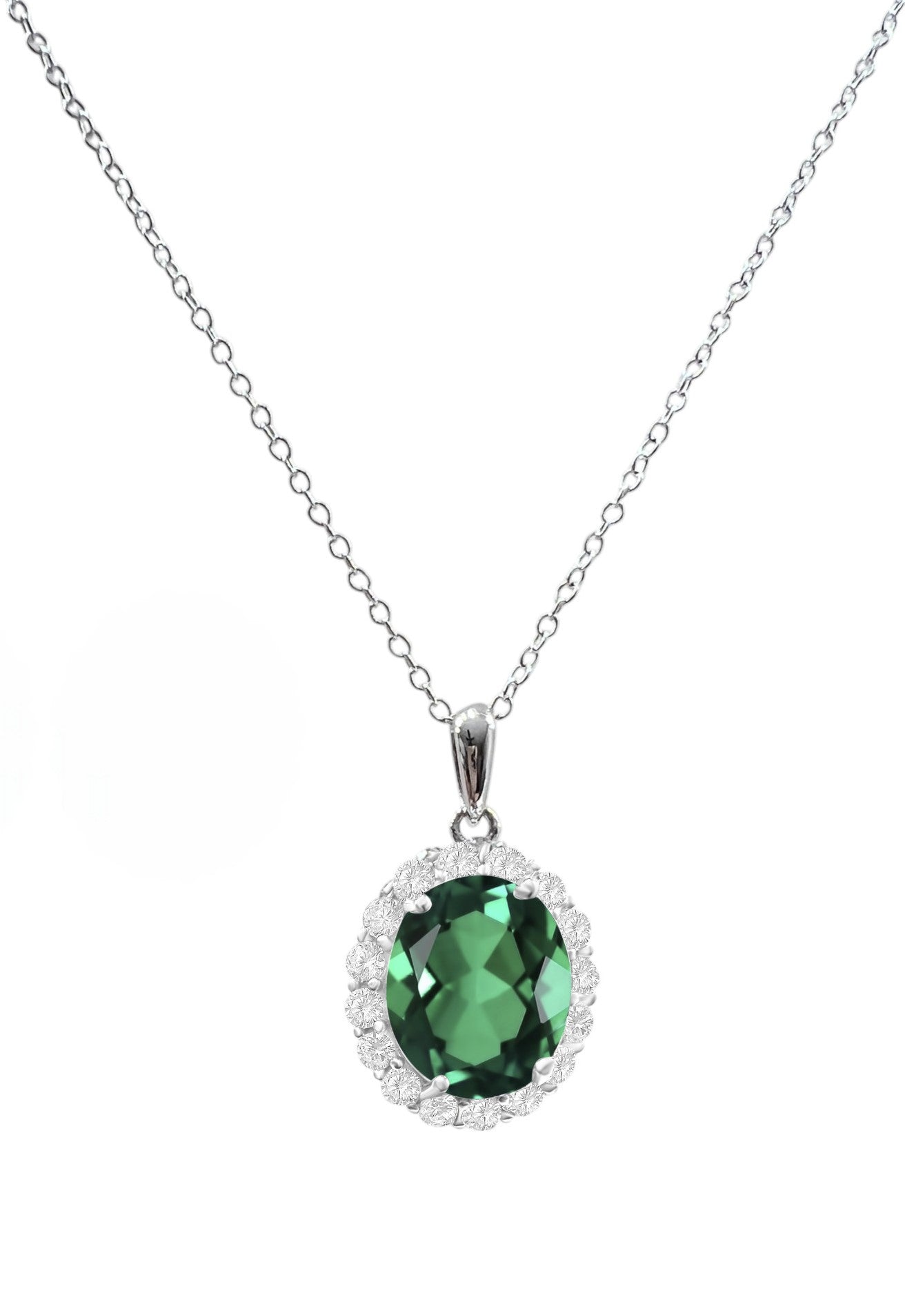 925 Sterling Silver Oval Cut Emerald Green CZ Necklace on Rhodium