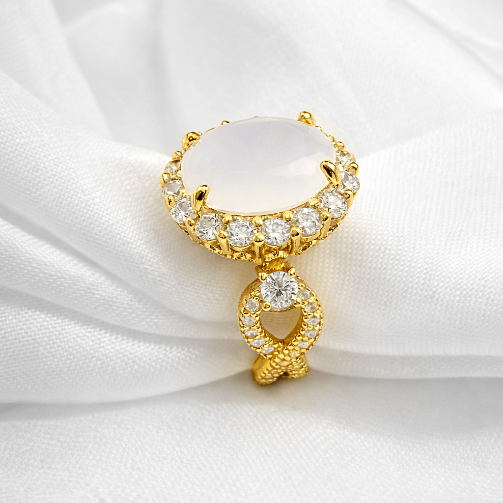 925 Sterling Silver Oval Cut Milky White Crystal Infinity Band Ring (Choose your plating)