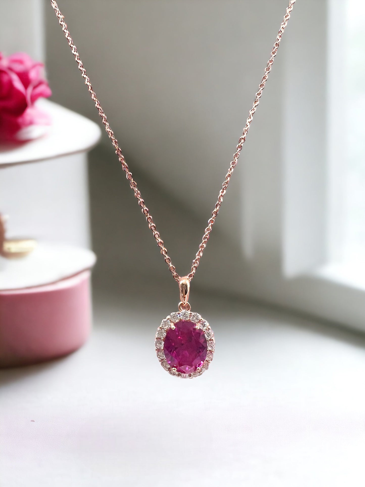*PRE-ORDER - 925 Sterling Silver Oval Cut Rose Corundum Halo Pendant Necklace