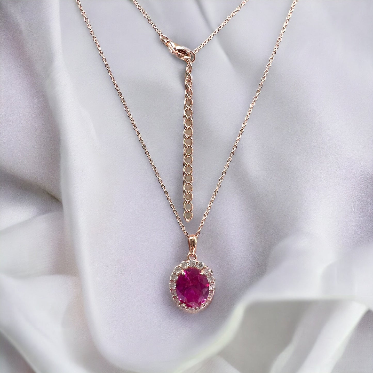*PRE-ORDER - 925 Sterling Silver Oval Cut Rose Corundum Halo Pendant Necklace