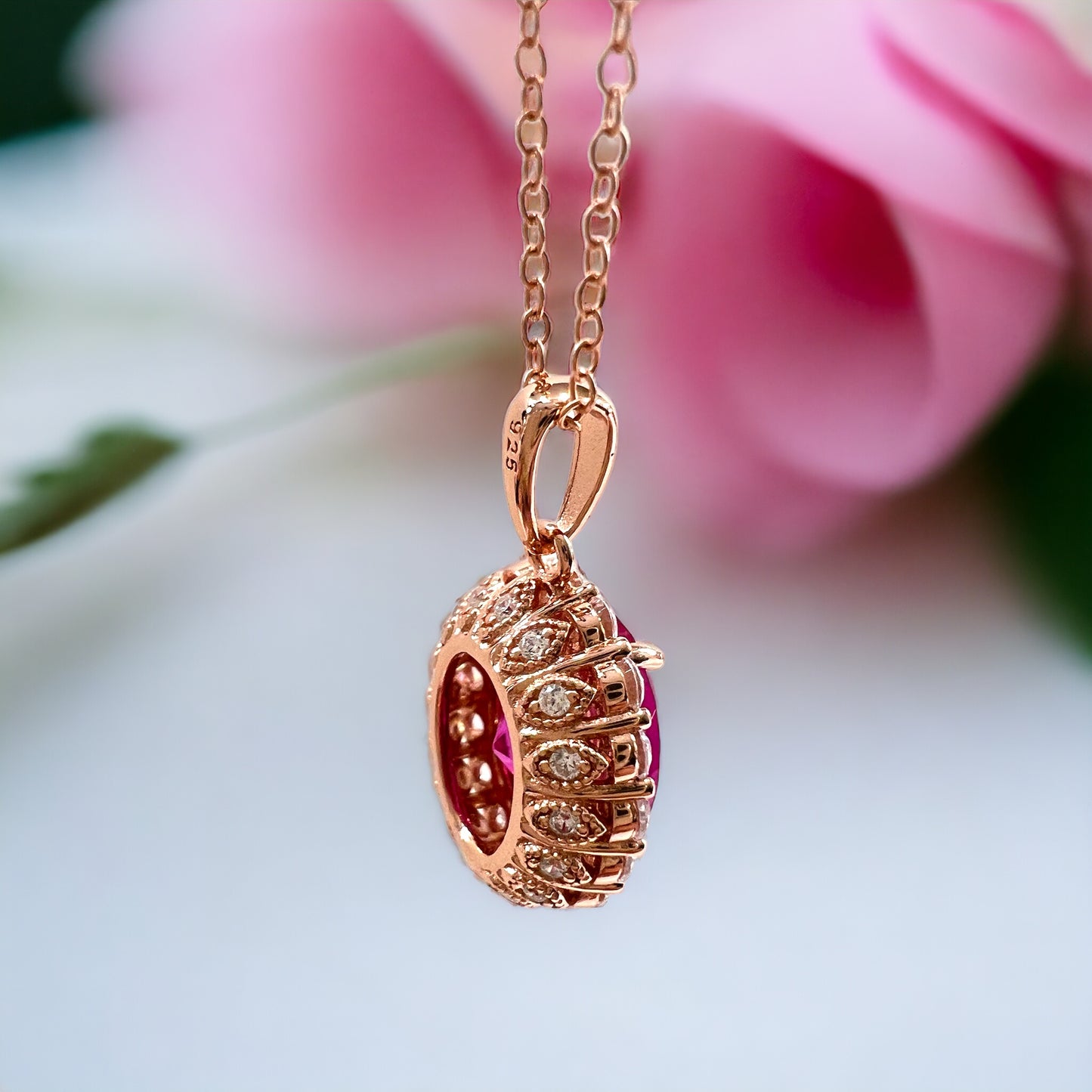 925 Sterling Silver Oval Cut Rose Corundum Halo Pendant Necklace