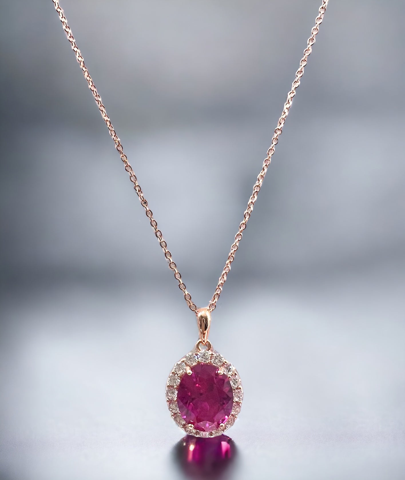 *PRE-ORDER - 925 Sterling Silver Oval Cut Rose Corundum Halo Pendant Necklace
