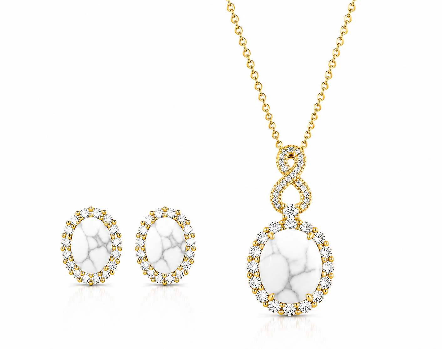 PRE-ORDER - 925 Sterling Silver Oval Cut White Howlite Necklace & Earrings Set (Choose your finish)
