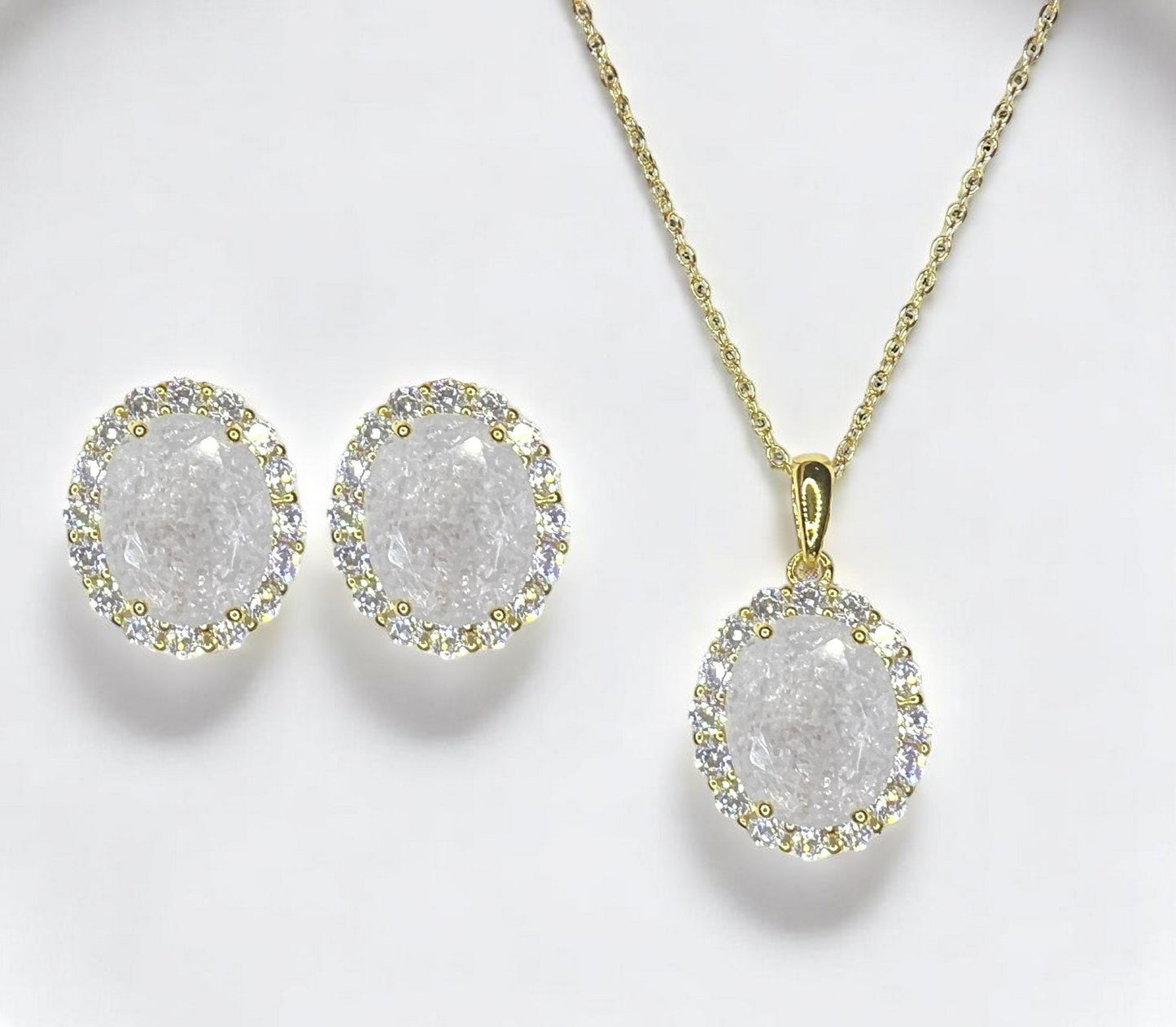 925 Sterling Silver Oval Cut White Ice CZ Necklace & Earrings Set on Yellow Gold