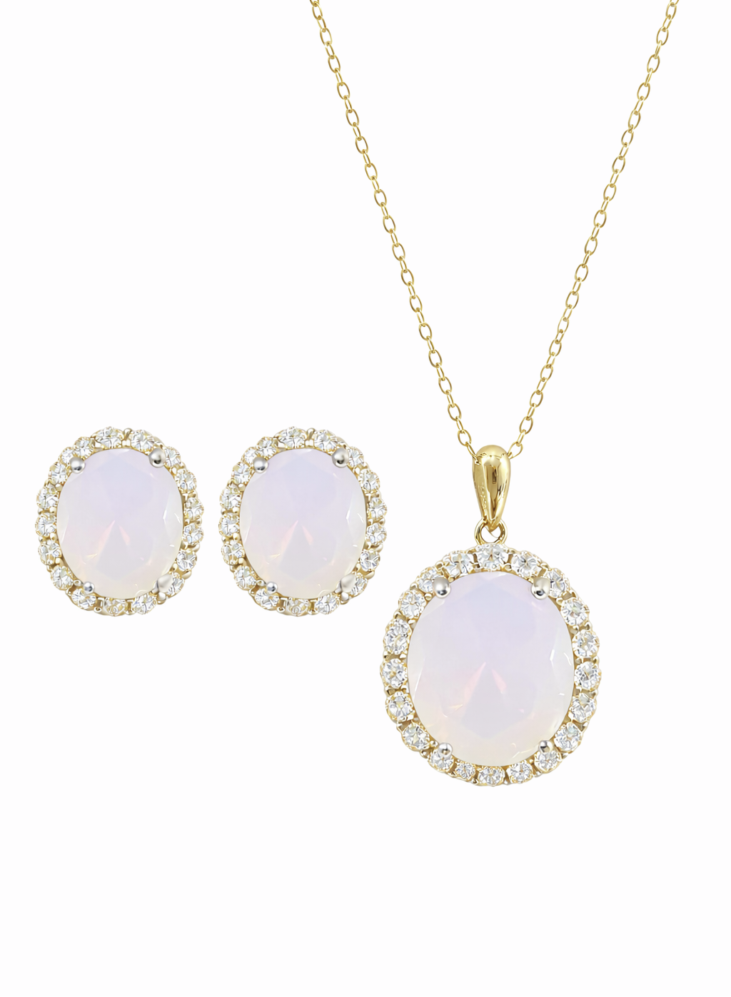 925 Sterling Silver Oval Cut White Moonstone Necklace & Earrings Set (Choose your Plating)