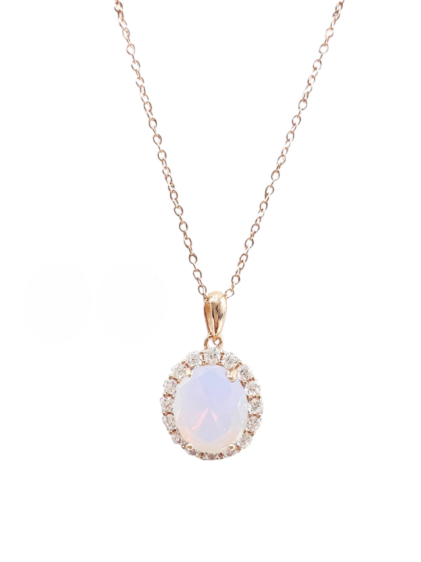 925 Sterling Silver Oval Cut White Multifaceted Opal Necklace on Rose Gold