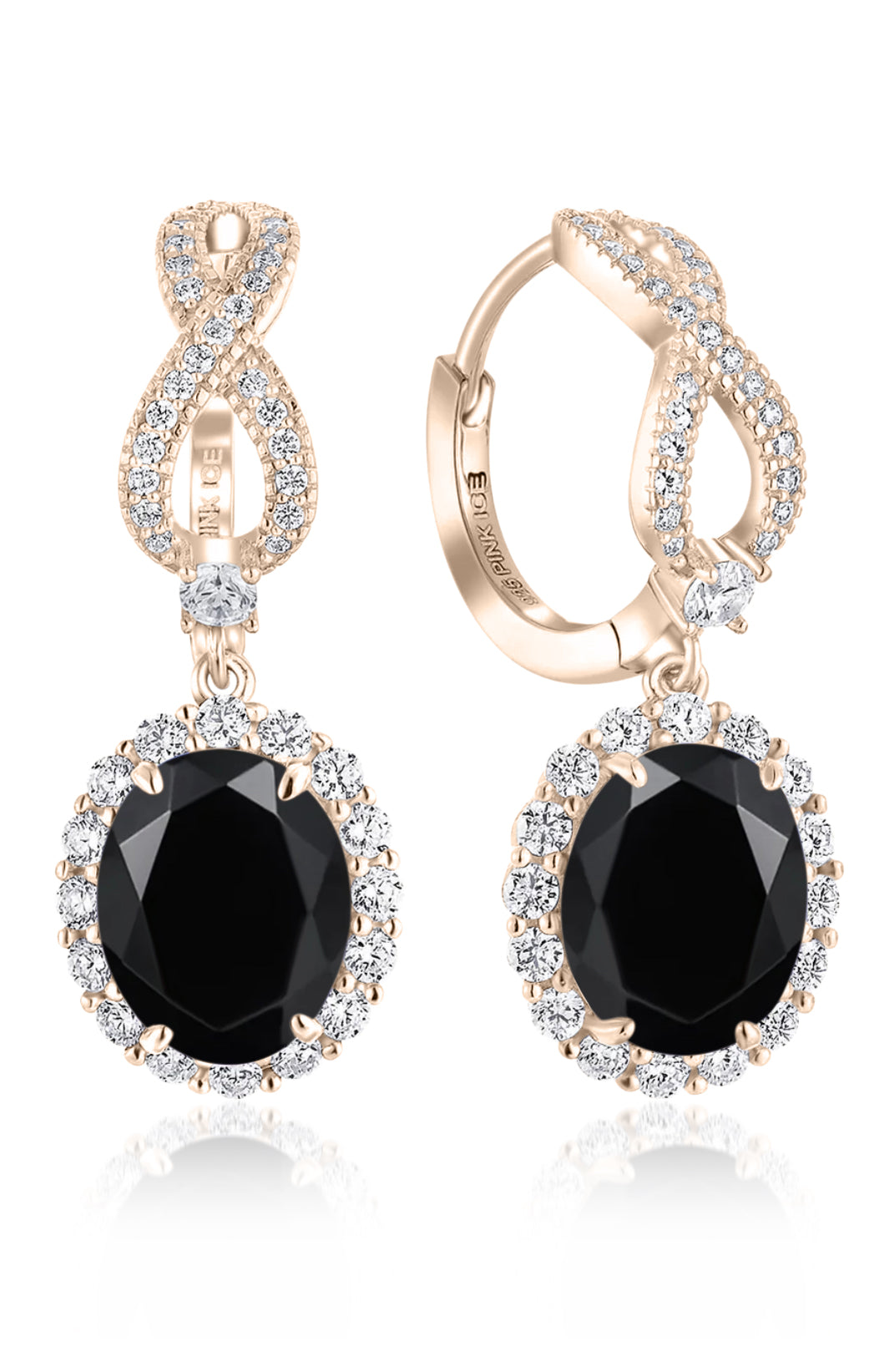 925 Sterling Silver Oval Halo Black Onyx Infinity Drop Earrings on Rose Gold