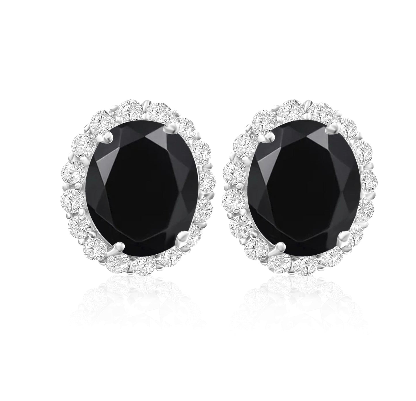 925 Sterling Silver Oval Halo Black Onyx Stud Earrings