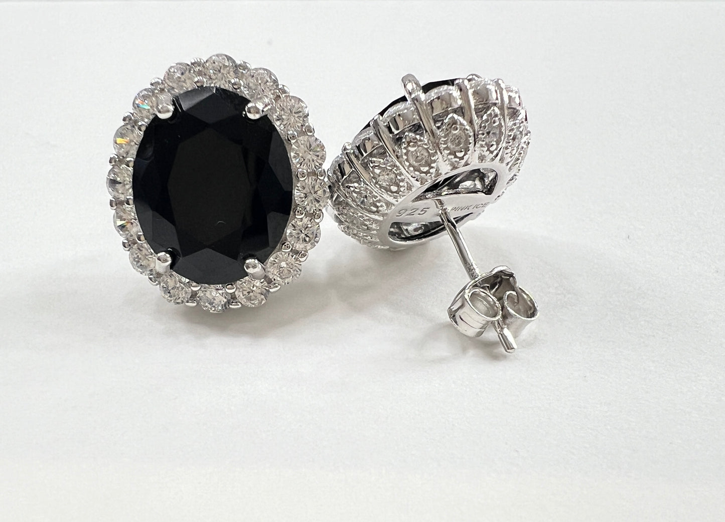925 Sterling Silver Oval Halo Black Onyx Stud Earrings