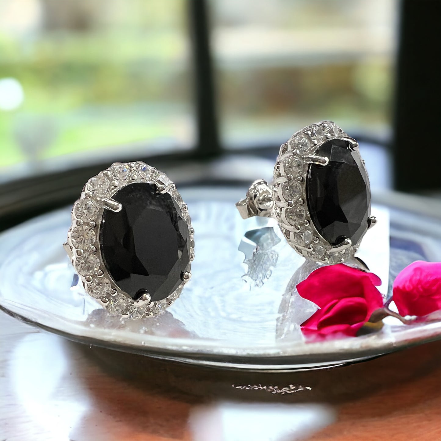 925 Sterling Silver Oval Halo Black Onyx Stud Earrings