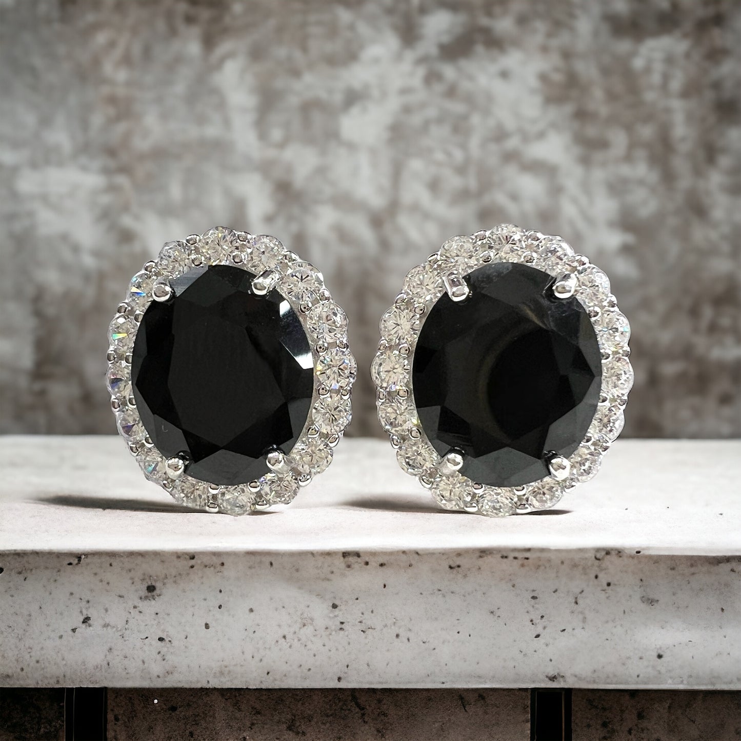925 Sterling Silver Oval Halo Black Onyx Stud Earrings