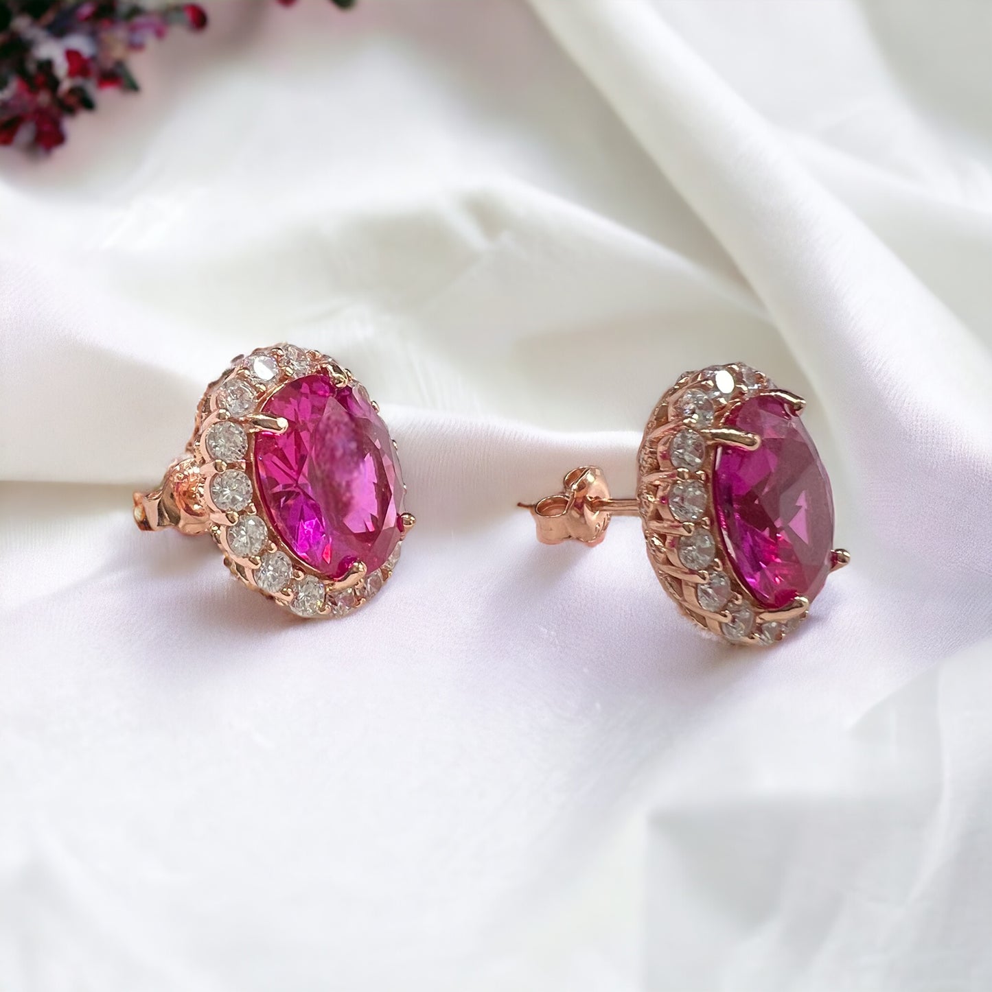925 Sterling Silver Oval Halo Rose Corundum CZ Stud Earrings - Rose Gold
