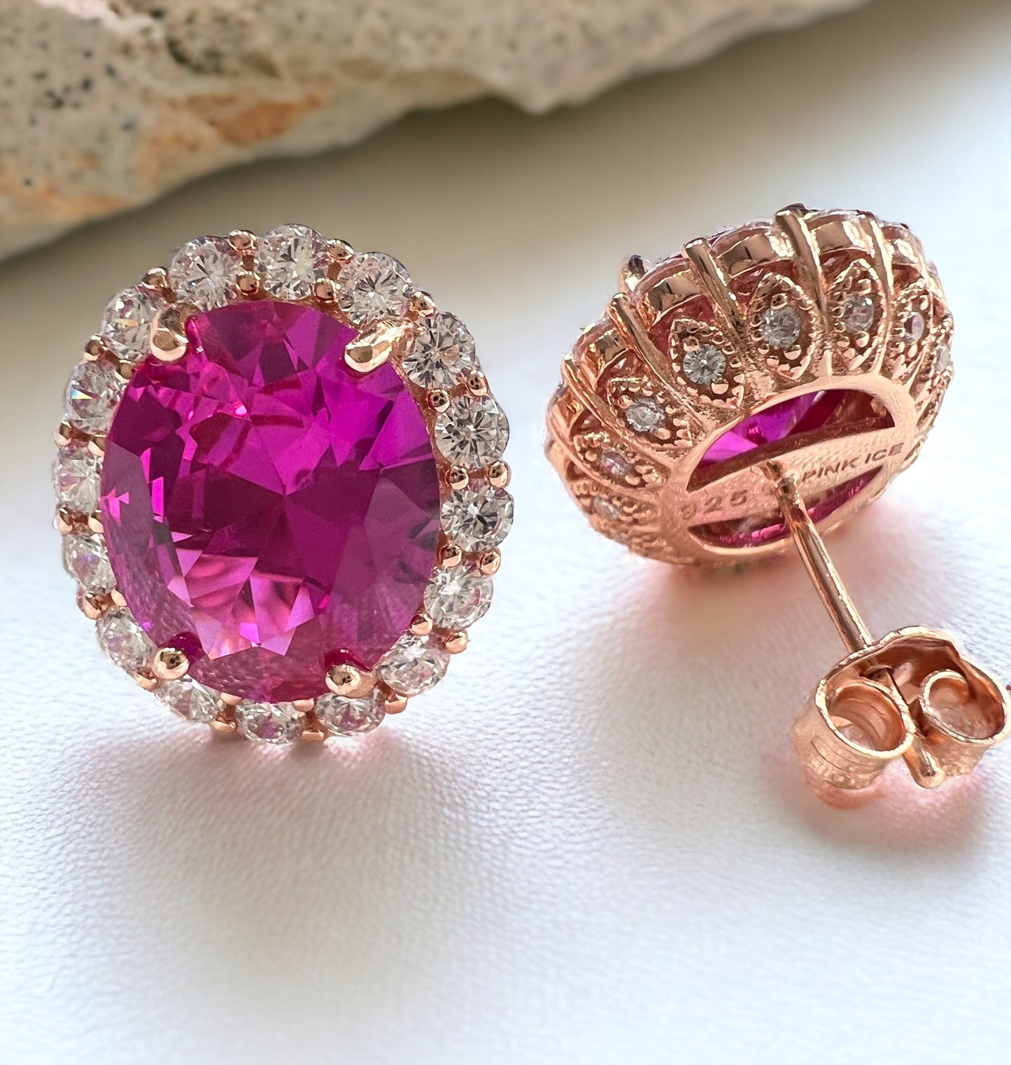 925 Sterling Silver Oval Halo Rose Corundum CZ Stud Earrings - Rose Gold
