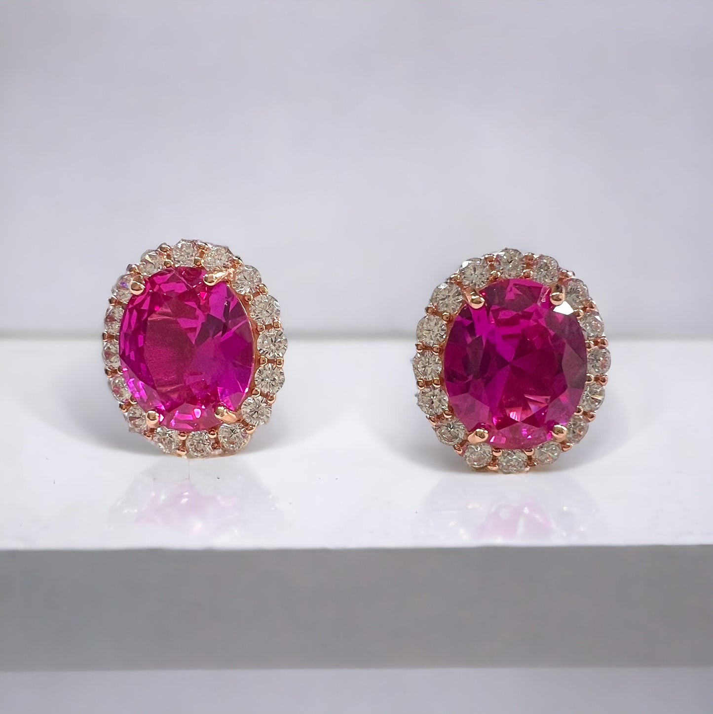 925 Sterling Silver Oval Halo Rose Corundum CZ Stud Earrings - Rose Gold