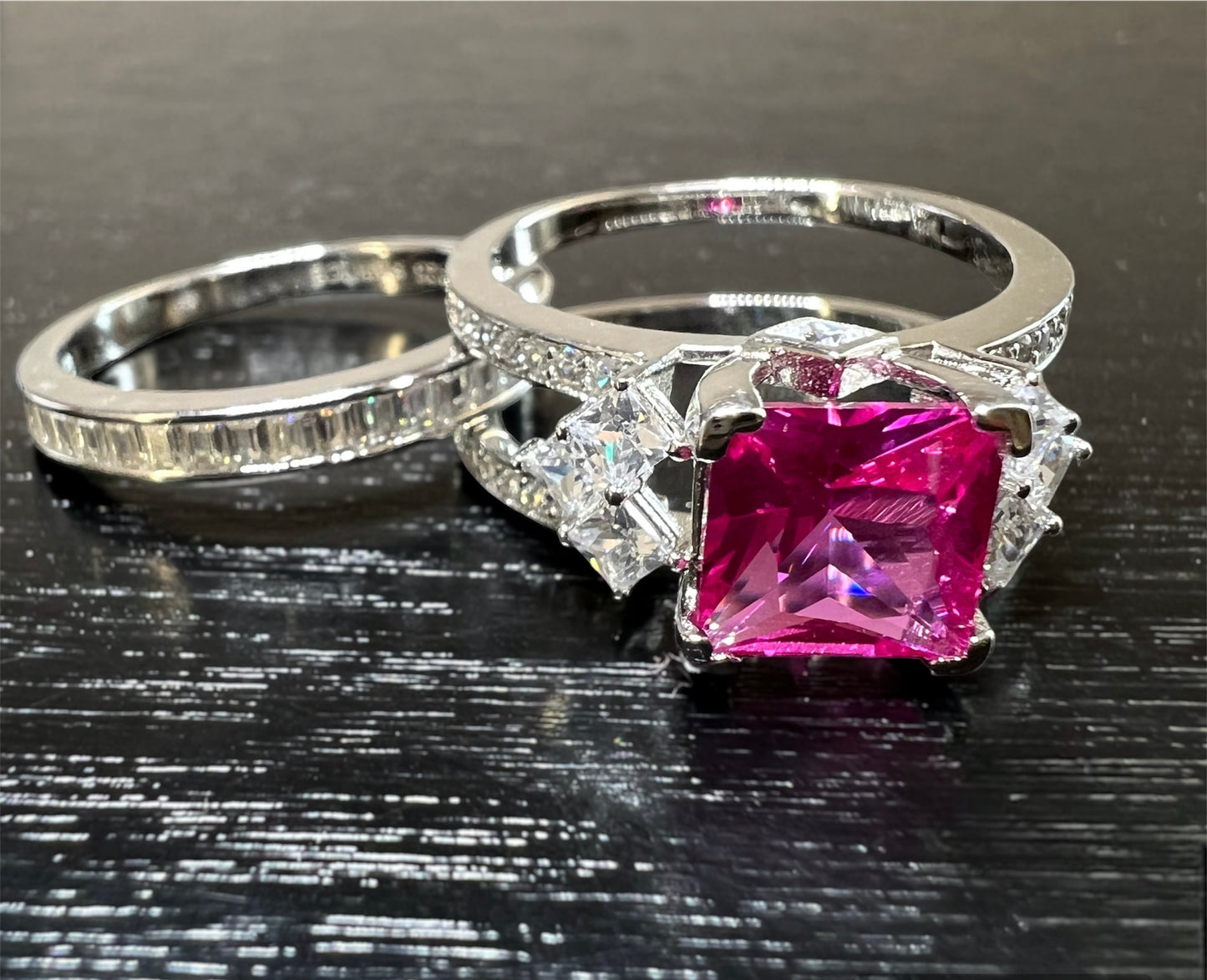 925 Sterling Silver Princess Cut Rose Corundum CZ Tri-Band Ring