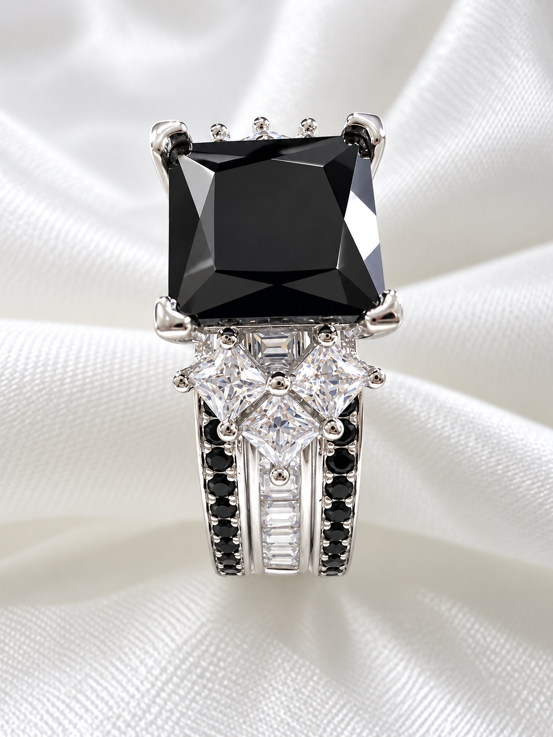 *PRE-ORDER - 925 Sterling Silver Princess Cut, Black Onyx & Clear CZ Tri-Band Ring