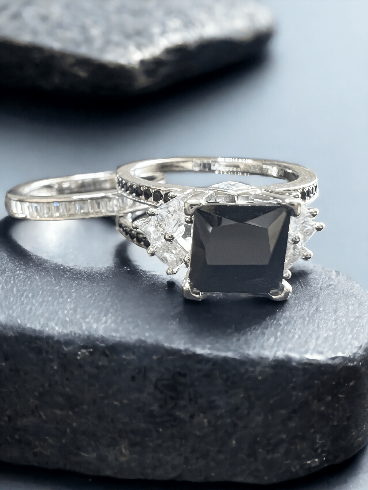 *PRE-ORDER - 925 Sterling Silver Princess Cut, Black Onyx & Clear CZ Tri-Band Ring