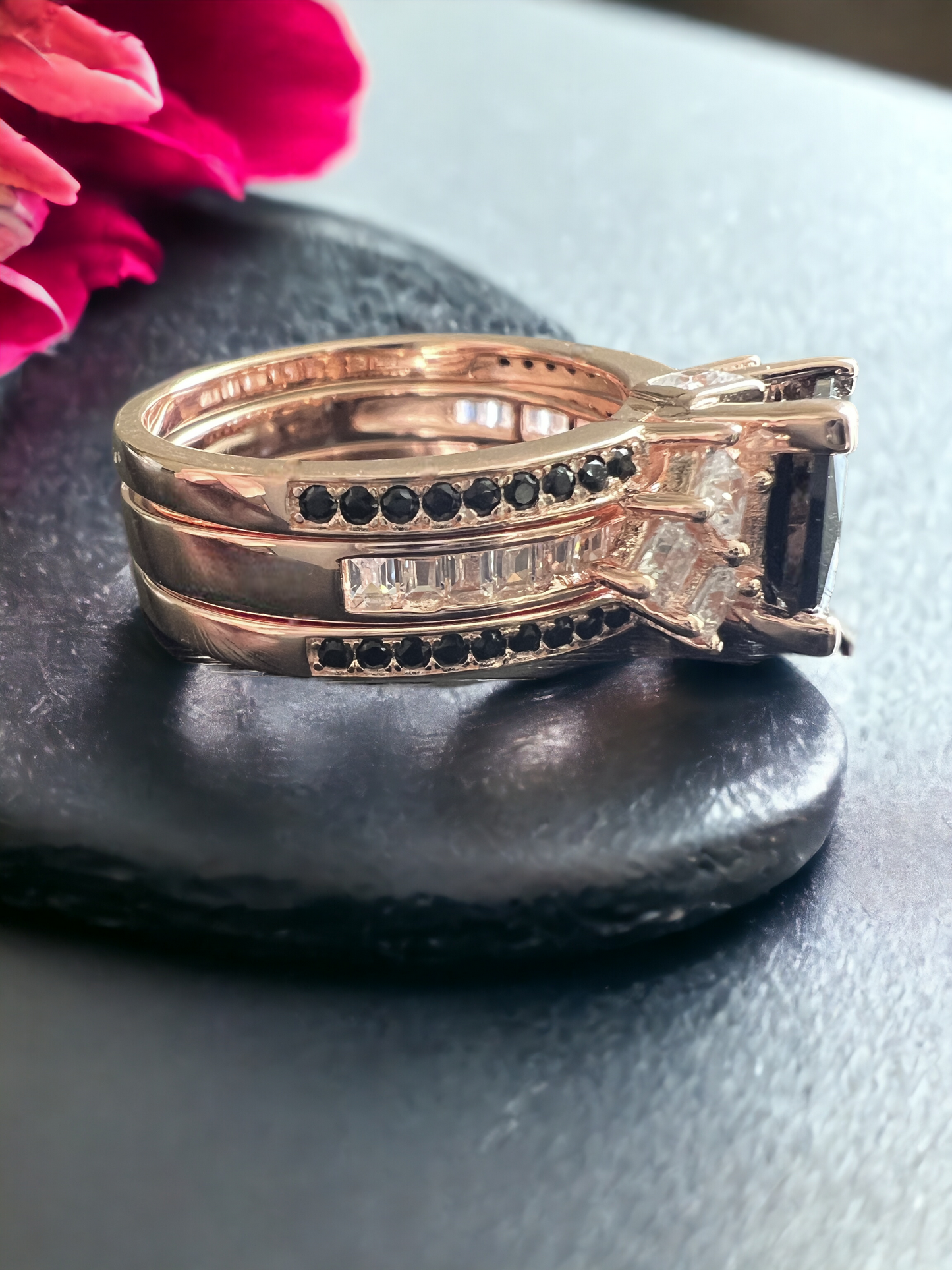 925 Sterling Silver Princess Cut, Black Onyx & Clear CZ Tri-Band Ring on Rose Gold
