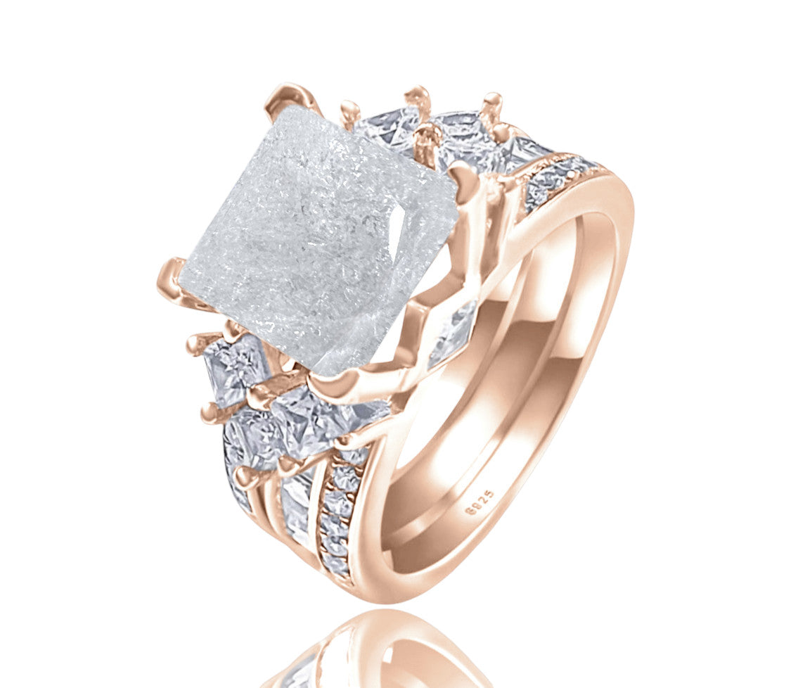 925 Sterling Silver Princess Cut, White Ice Cz Tri-Band Ring on Rose Gold