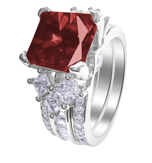 *PRE-ORDER - 925 Sterling Silver Princess Cut, Garnet Red CZ Tri-Band Ring