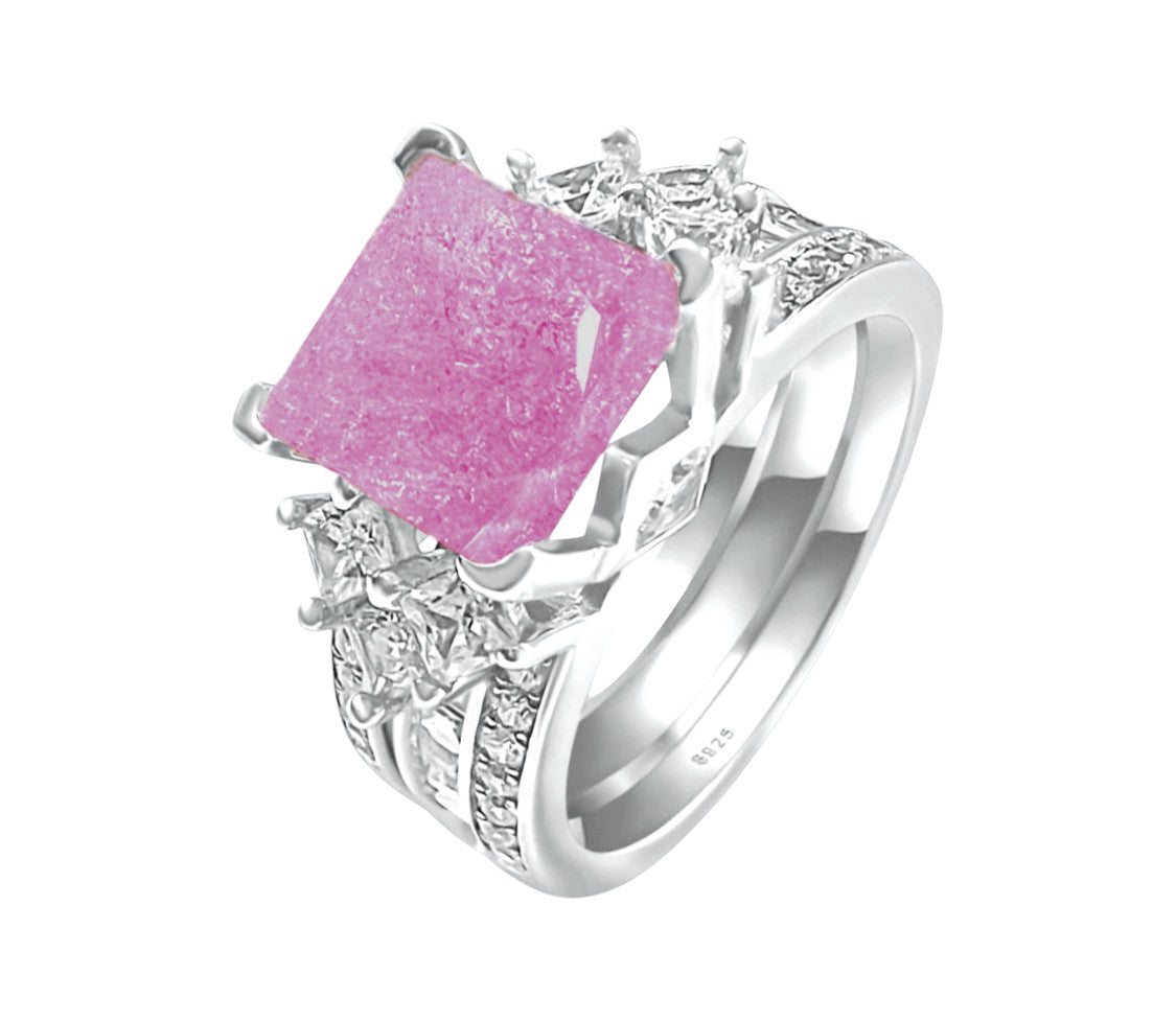 925 Sterling Silver Princess Cut, Light Pink Ice Cz Tri-Band Ring