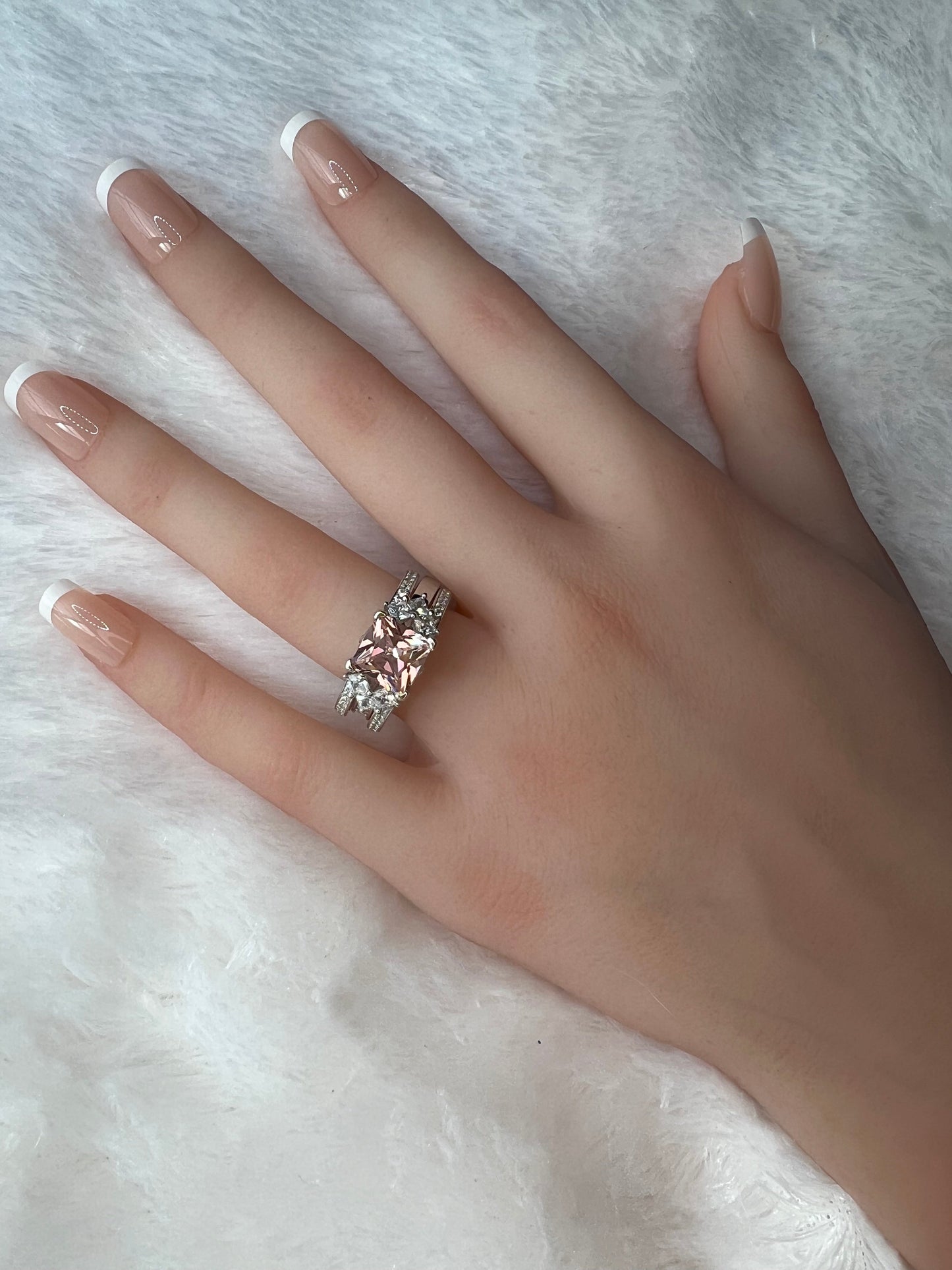 *PRE-ORDER - 925 Sterling Silver Princess Cut, Morganite & Clear CZ Tri-Band Ring