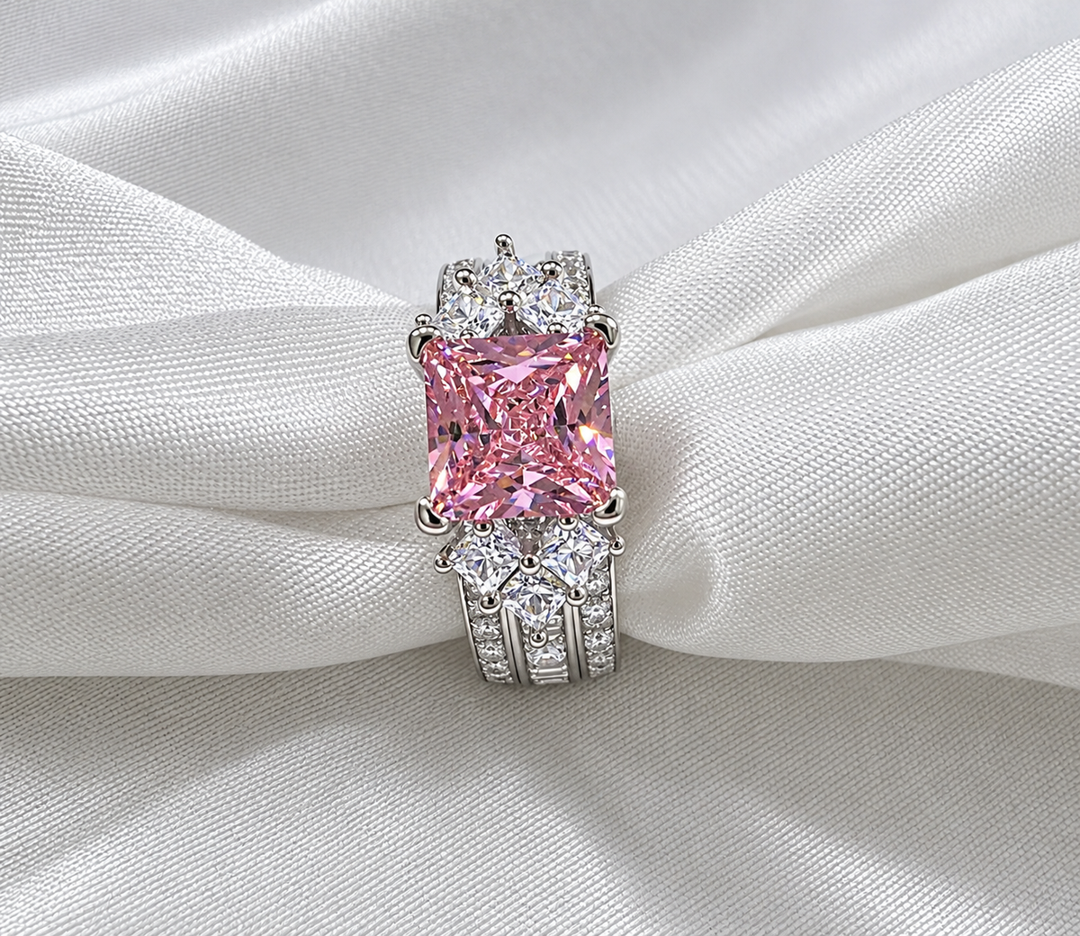 *PRE-ORDER - 925 Sterling Silver Princess Cut, Pink Diamond CZ Tri-Band Ring