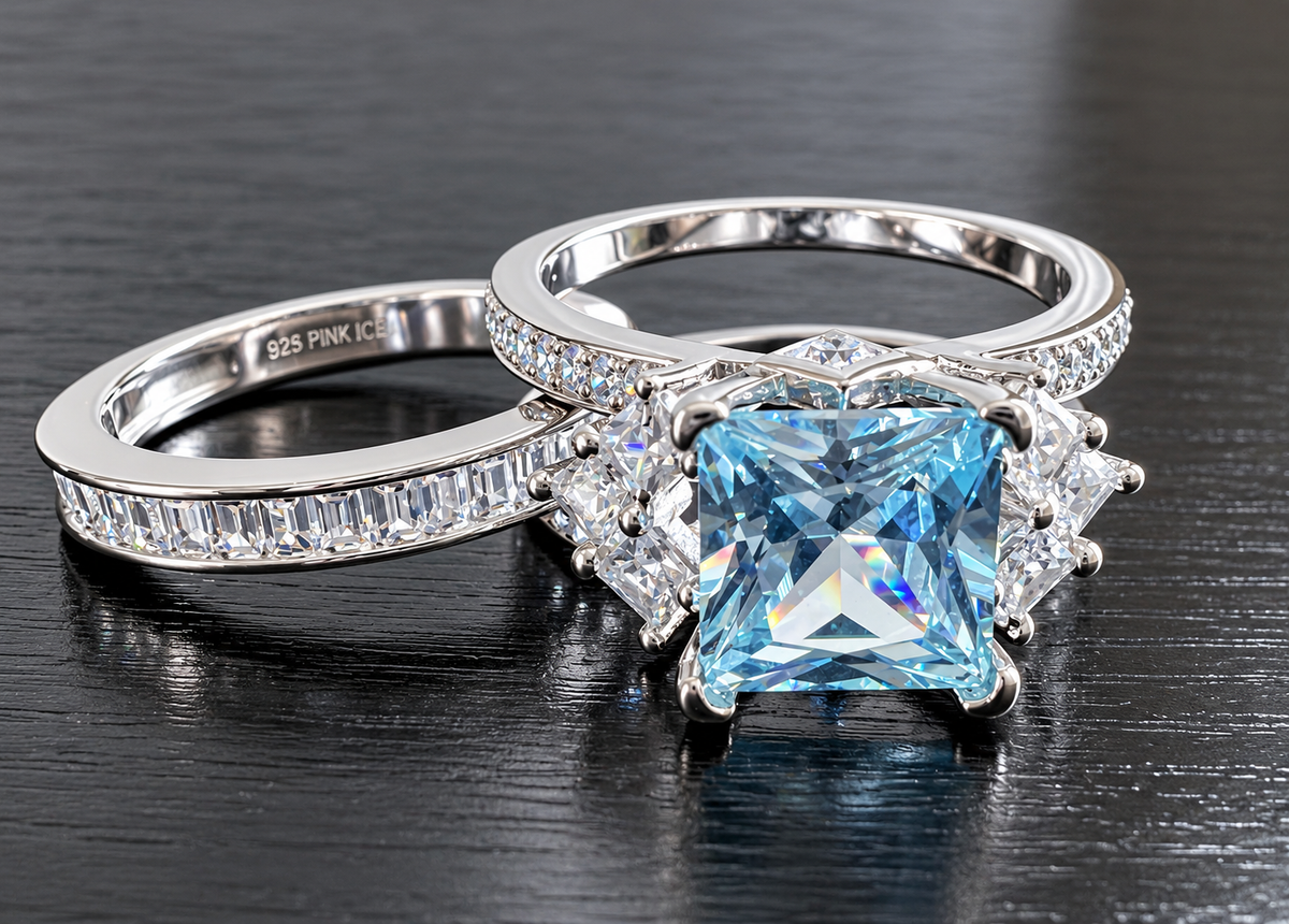*PRE-ORDER - 925 Sterling Silver Princess Cut, Aquamarine Diamond CZ Tri-Band Ring (Choose your plating)