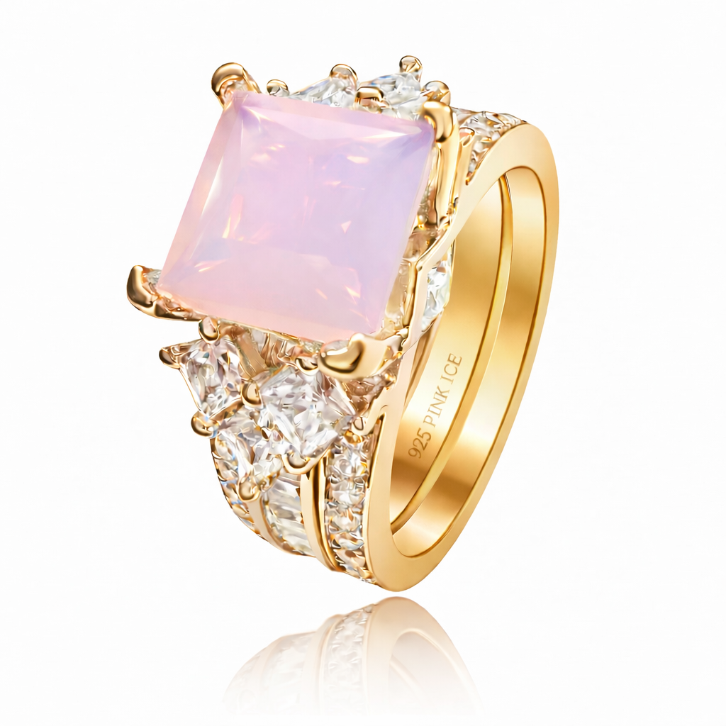 PRE-ORDER - 925 Sterling Silver Princess Cut, Pink Moonstone Tri-Band Ring (Choose your plating)