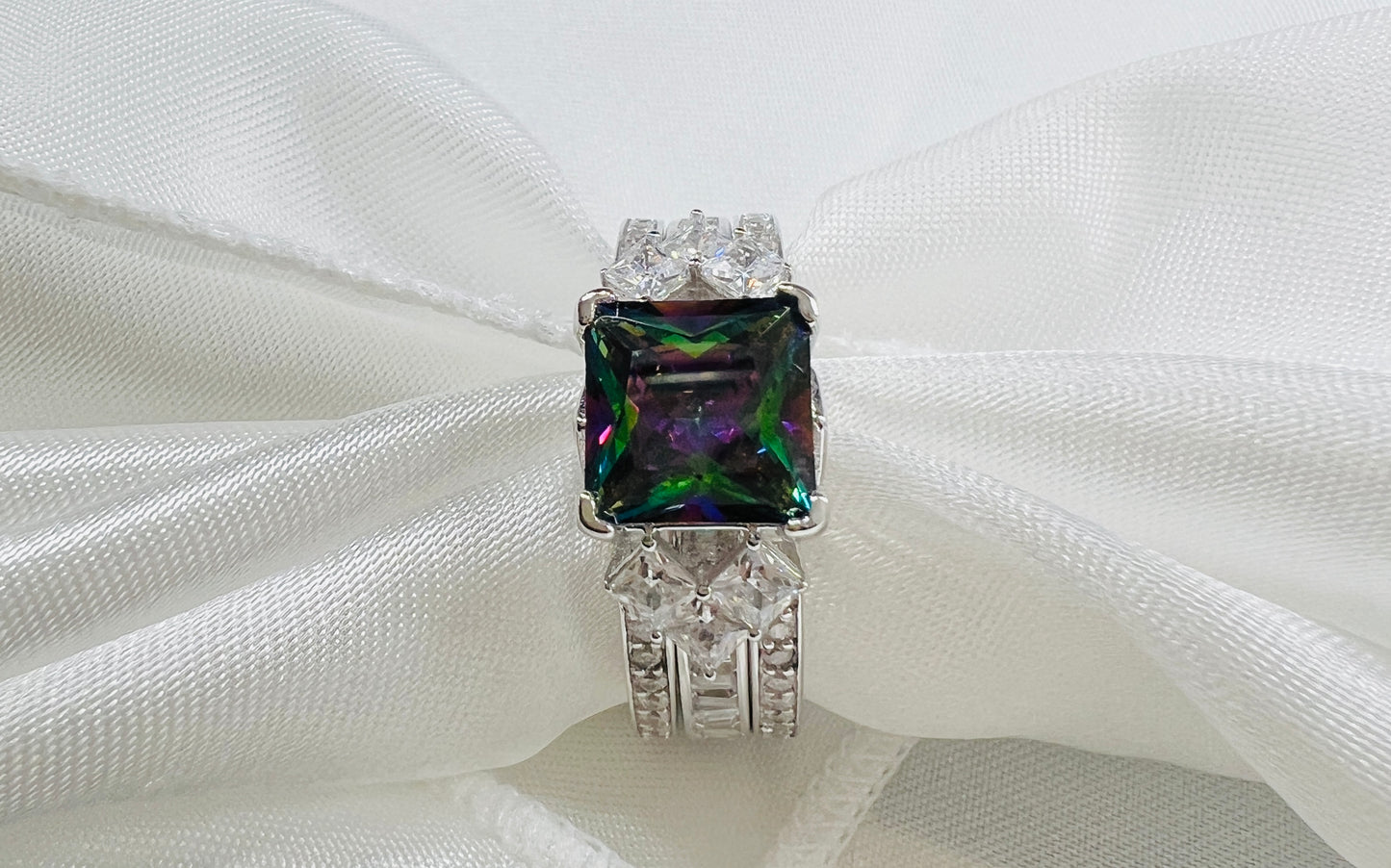 925 Sterling Silver Princess Cut, Rainbow Topaz & Clear CZ Tri-Band Ring