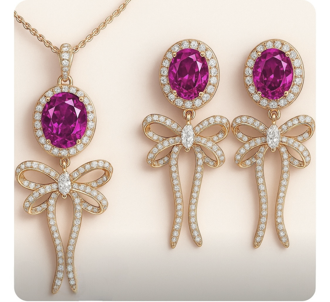 925 Sterling Silver Rose Corundum Bow Tie Necklace & Earrings Set on Rose Gold