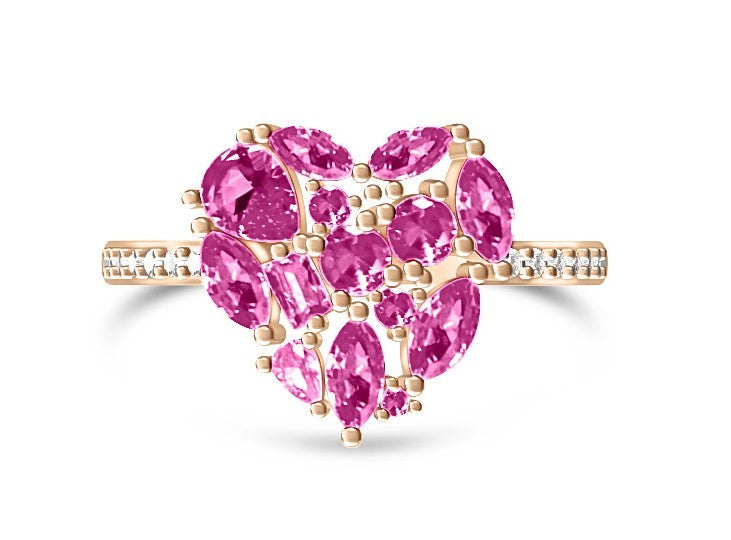 925 Sterling Silver Rose Corundum CZ Cluster Heart Ring on (Rose Gold or Rhodium)