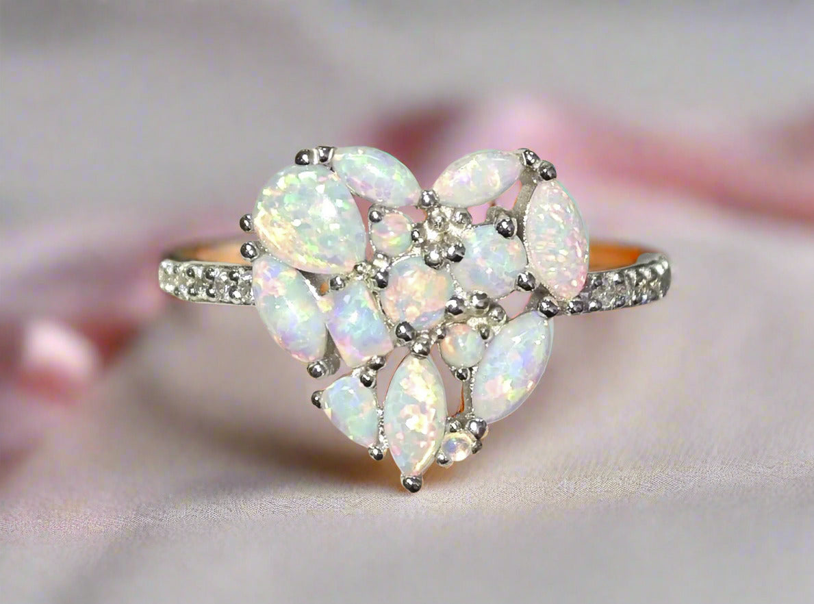 925 Sterling Silver White Fire Opal & Diamond CZ Cluster Heart Ring on Rose Gold