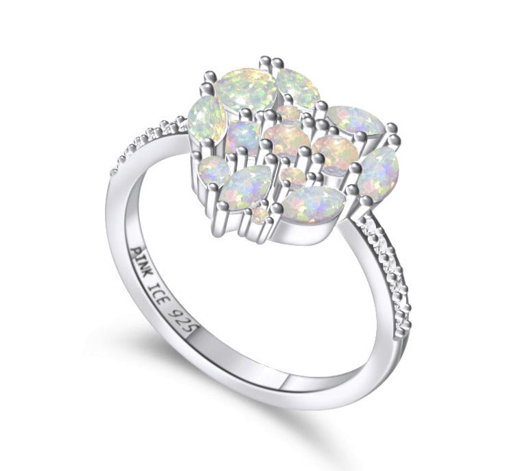 925 Sterling Silver White Fire Opal & Diamond CZ Cluster Heart Ring