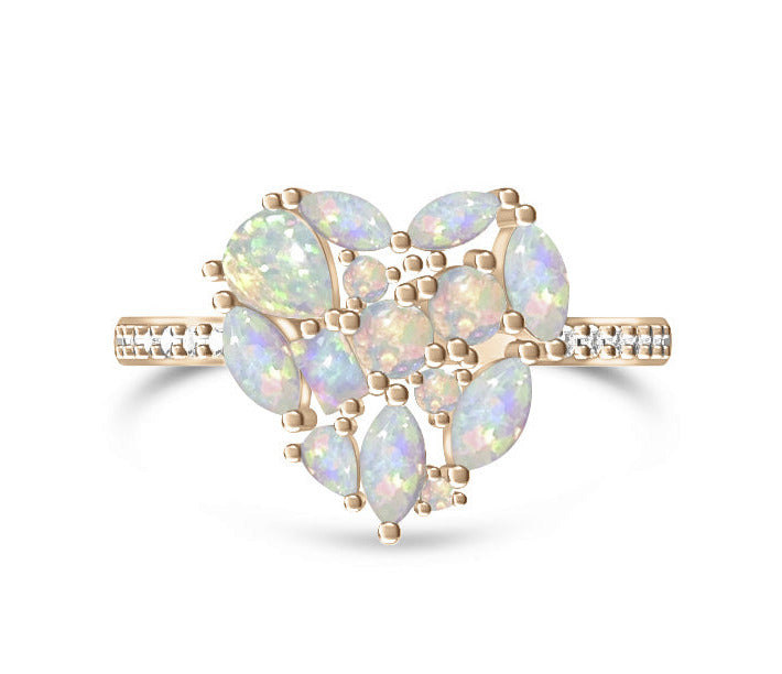 925 Sterling Silver White Fire Opal & Diamond CZ Cluster Heart Ring on Rose Gold