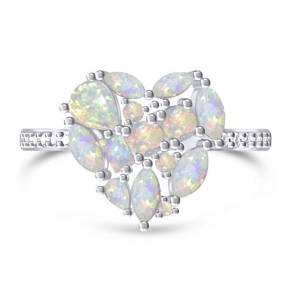 925 Sterling Silver White Fire Opal & Diamond CZ Cluster Heart Ring