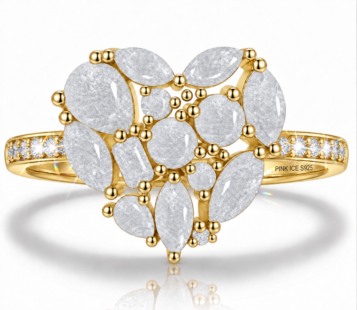 925 Sterling Silver White Ice Cluster Heart Ring on Rhodium or Rose Gold