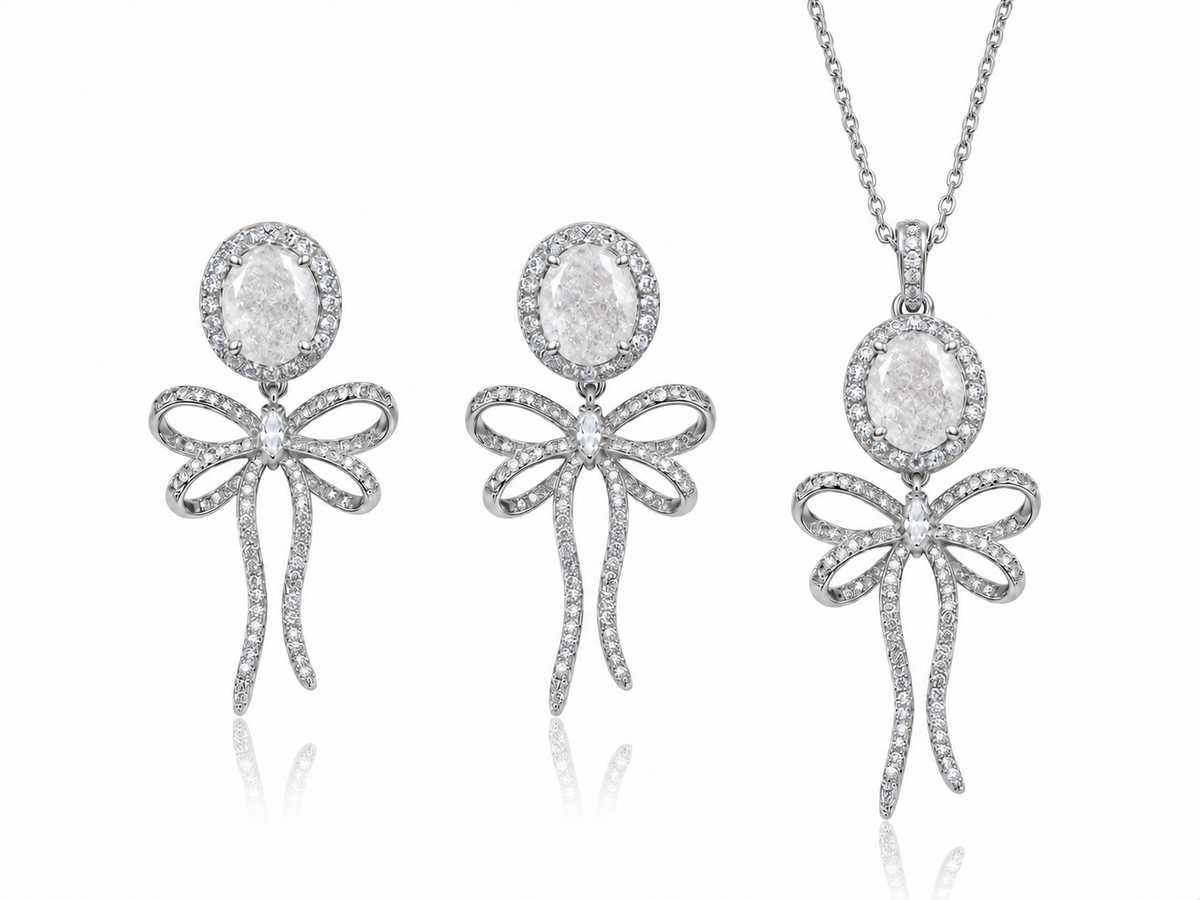 925 Sterling Silver White Ice Crystal Bow Tie Necklace & Earrings Set (Rose Gold or Rhodium)