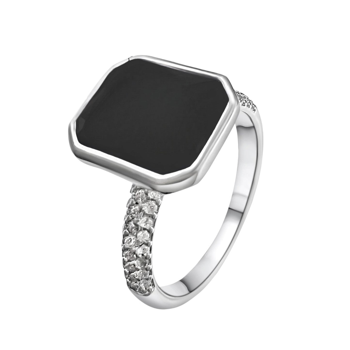 925 Sterling Silver Black Onyx Bezel Ring in Rhodium