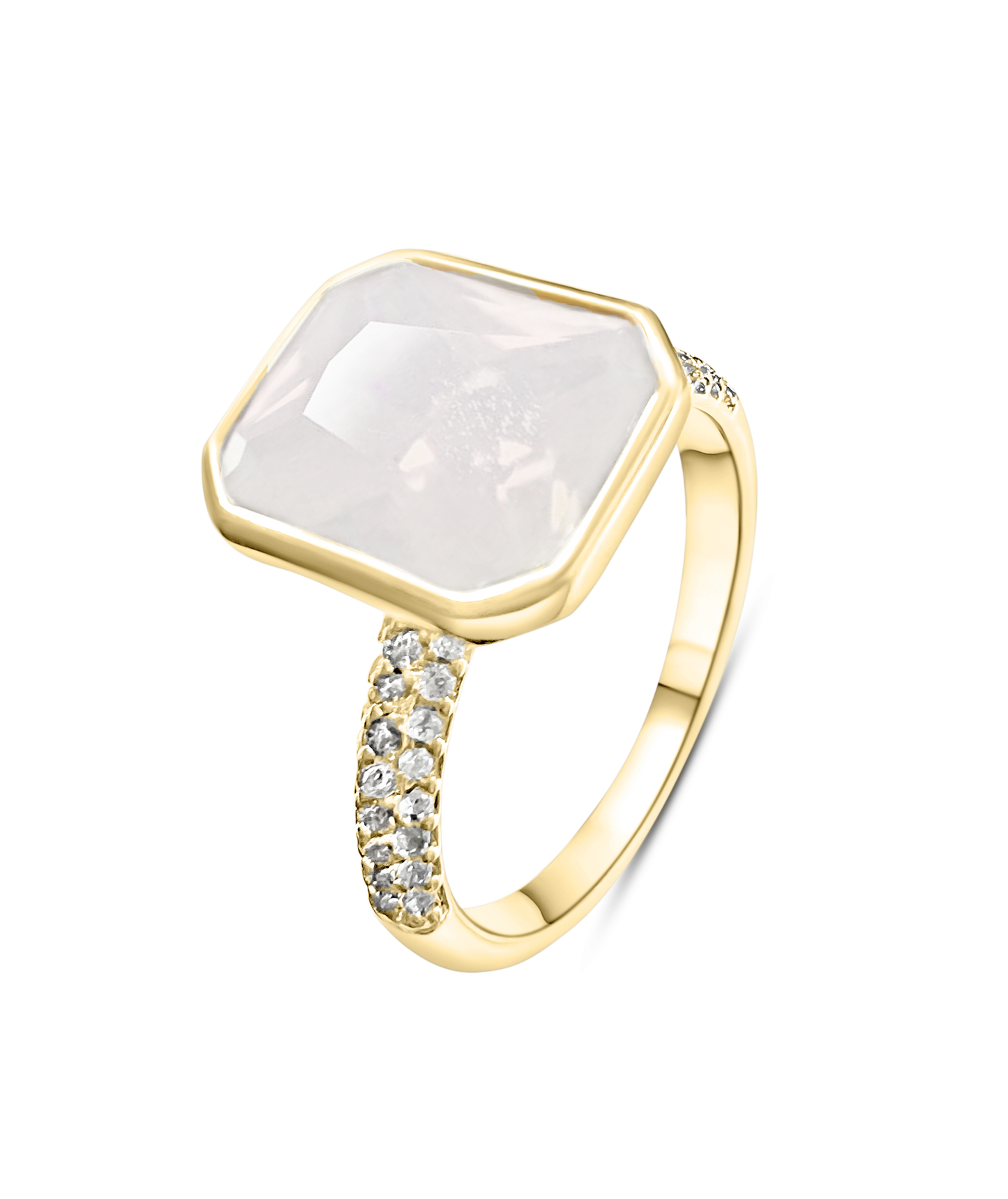 925 Sterling Silver White Moonstone Bezel Ring on Yellow Gold