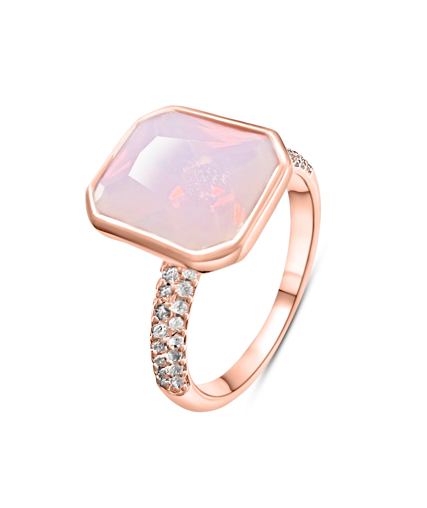 925 Sterling Silver Pink Moonstone Bezel Ring on Rose Gold