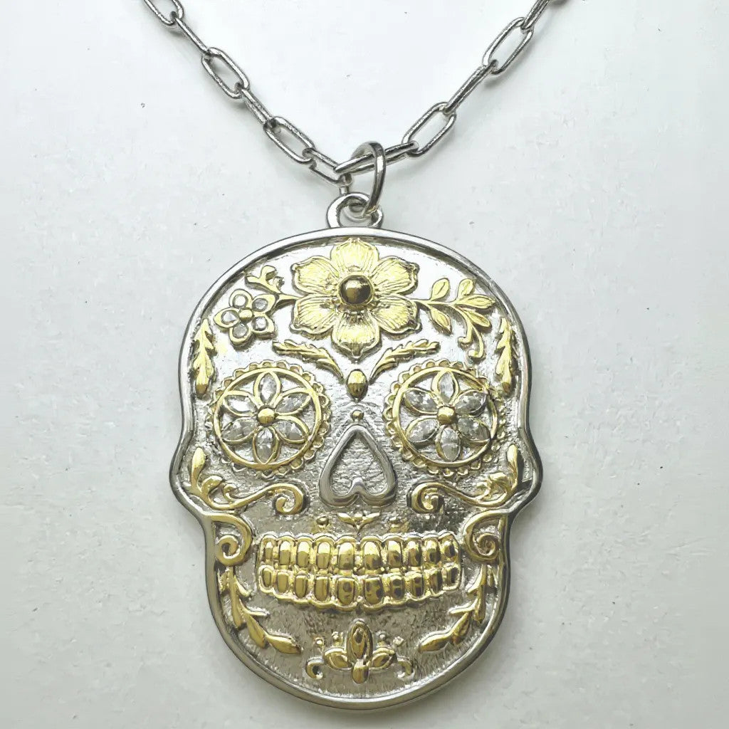 925 Sterling Silver & Yellow Gold Sugar Skull Pendant Necklace