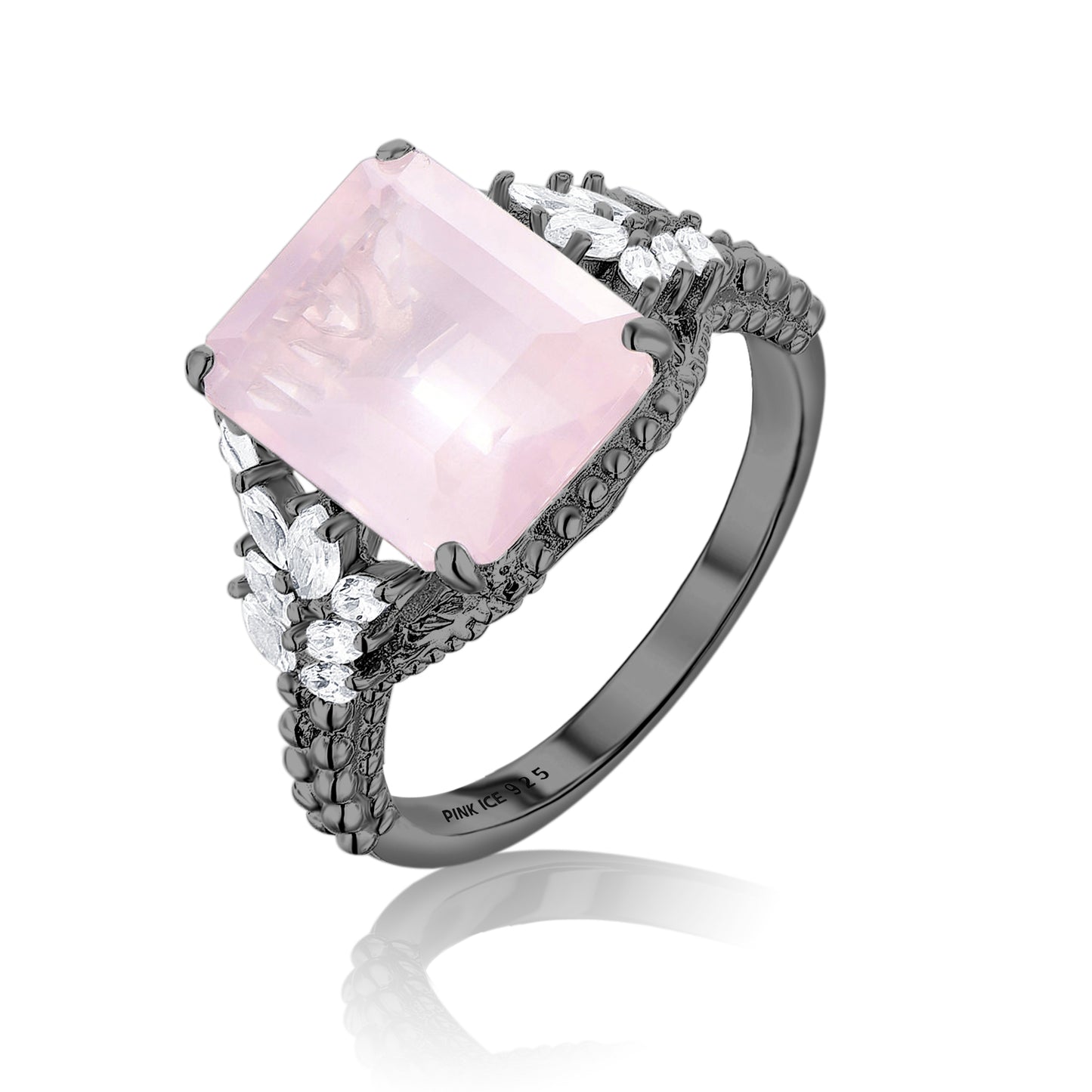 *PRE-ORDER - Rose Quartz Beaded Shank 925 Sterling Silver Ring in Gunmetal