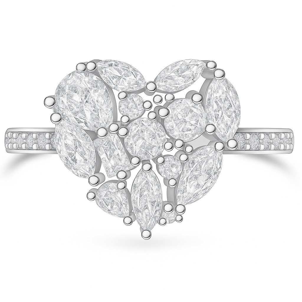 PRE-ORDER - 925 Sterling Silver White Ice Cluster Heart Ring on Rhodium or Rose Gold