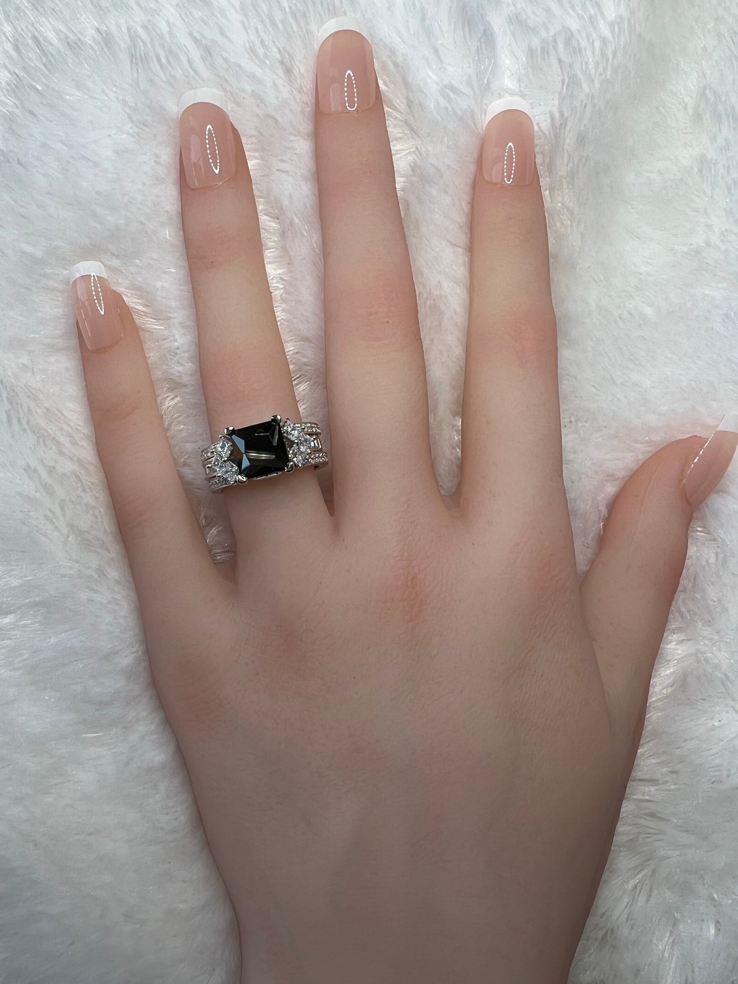 925 Sterling Silver Princess Cut, Black Onyx & Clear CZ Tri-Band Ring
