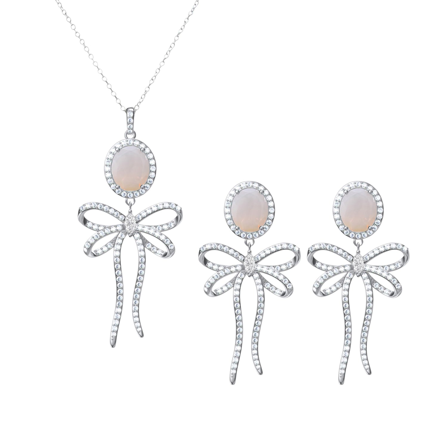 925 Sterling Silver White Opal Bow Tie Necklace & Earrings Set on Rhodium