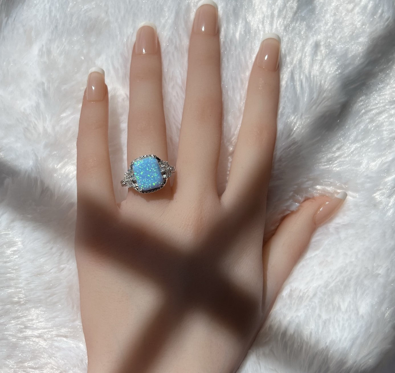 Blue Fire Opal & CZ Beaded Shank 925 Sterling Silver Ring